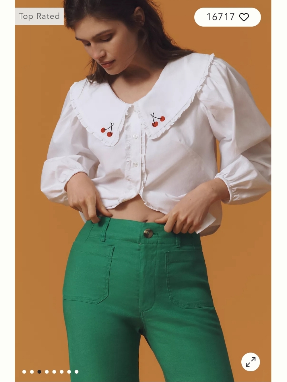 Long-Sleeve Collared Ruffle-Front Blouse With Cherries Maeve